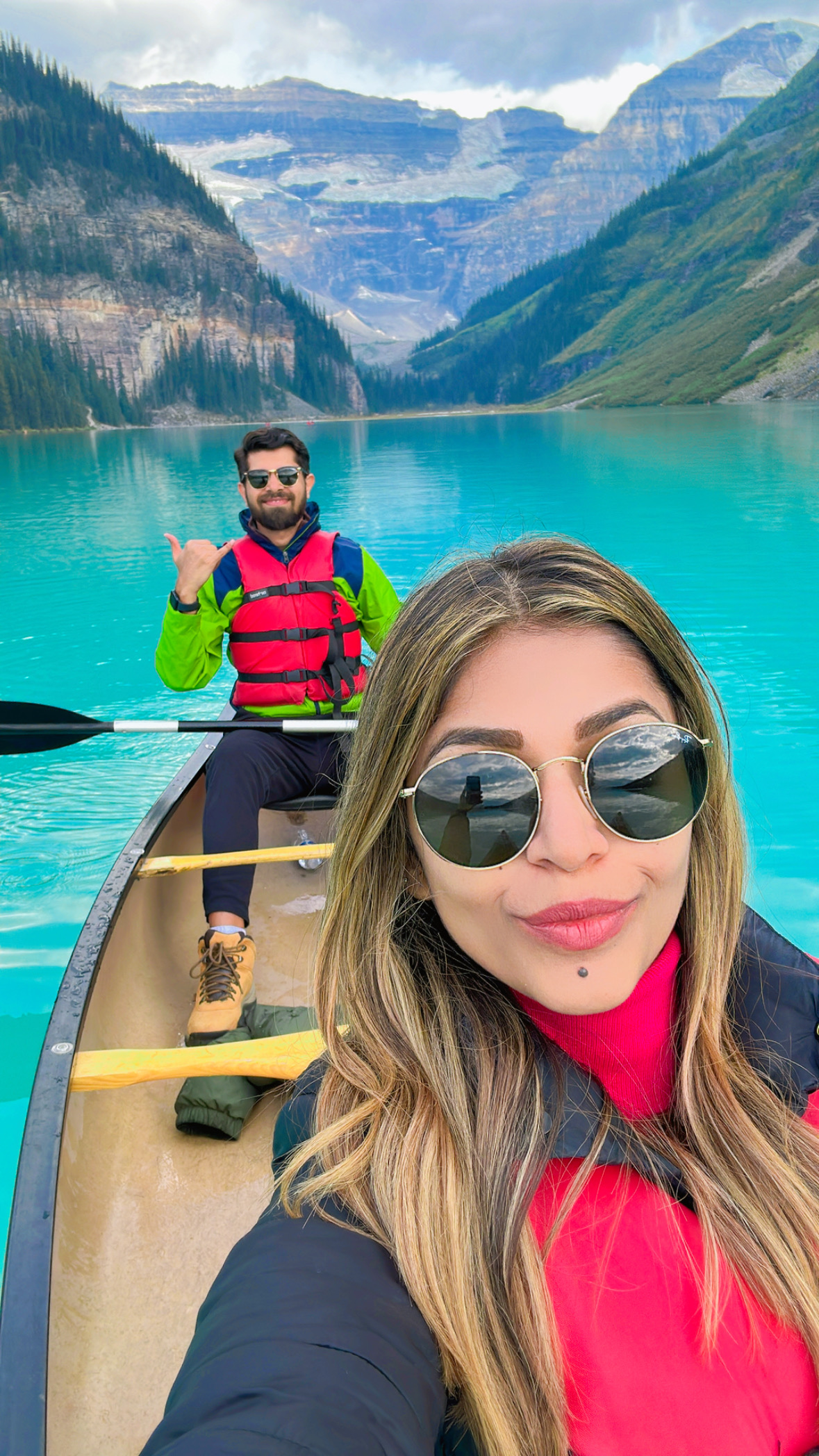Me and my husband canoeing in Lake Louise